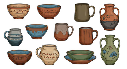 Collection of handcrafted pottery illustrations showcasing diverse shapes and designs