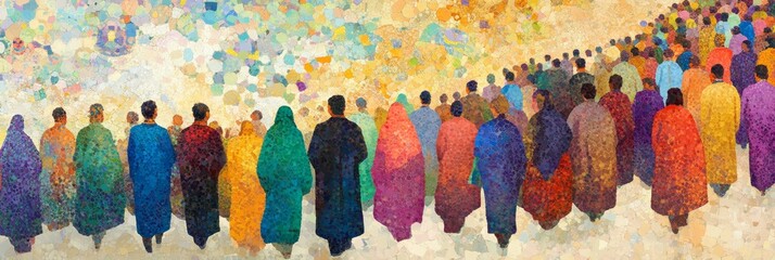 Colorful crowd walking towards a bright light