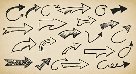 Diverse collection of handcrafted arrow illustrations against a textured backdrop