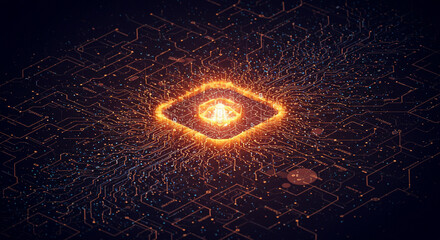 The heart of the digital world ignites, a radiant core pulsating with energy and innovation, showcasing intricate circuitry with warm glowing light.