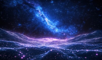 Fototapeta premium Glowing nebula over alien landscape, space exploration backdrop