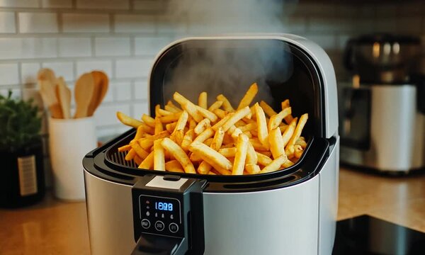 Air fryer filled with golden crispy fries, steam rising, modern kitchen setting with utensils and decor