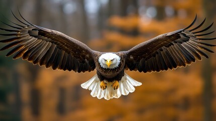 Obraz premium A close-up of an American Bald Eagle wings, partially spread, with a blurred sky backdrop, showcasing the eagle immense wingspan and the detail in the feathers.