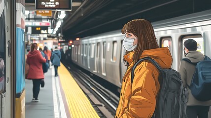 Woman wearing mask on subway platform waiting for train commute public transport anime style illustration
