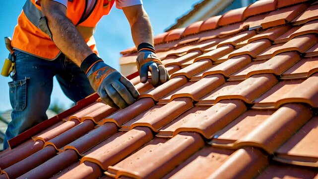 Roofer installing terracotta tiles on house roof during sunny day construction