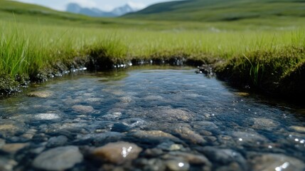 Fototapeta premium Crystal-clear mountain stream. Lush green meadow surrounds