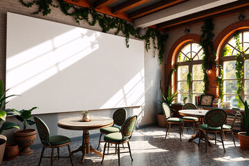 Fototapeta premium Sunlit cafe interior with a blank white canvas. Green plants decorate arched windows and wooden beams creating a welcoming and bright ambiance.