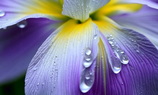 Yellow purple Iris flower with water drops under rain, shallow DOF, slow motion
