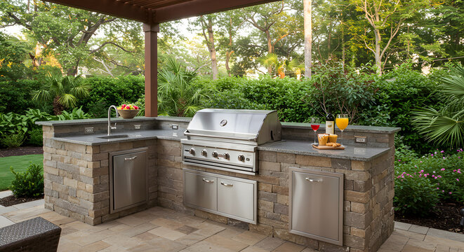 Luxurious outdoor kitchen with built-in grill and bar area amidst lush greenery