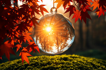 A clear glass ornament hangs among vibrant red autumn leaves, reflecting a sunlit forest scene within its spherical shape.  Warm sunlight filters through the foliage, creating a peaceful and idyllic a
