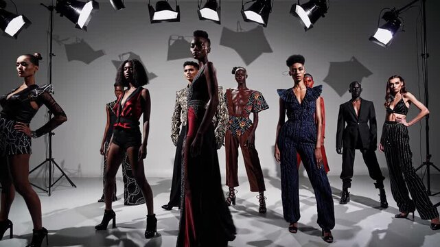 Fashion models representing diverse ethnicities posing confidently in stylish outfits, highlighting contemporary wardrobe under professional studio lighting