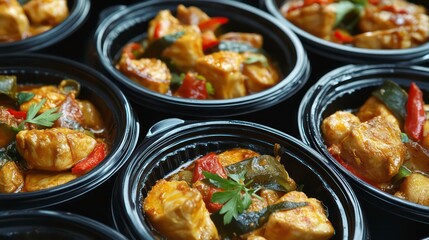 Variety of modern Thai food portions in black plastic take-away containers. Healthy meal solutions for lunch dinner. Food looks fresh, ready to eat. Image suitable for food delivery services catering