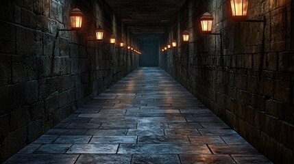 Fototapeta premium Mysterious Stone Corridor: A Dark and Enigmatic Passage Illuminated by Glowing Lanterns