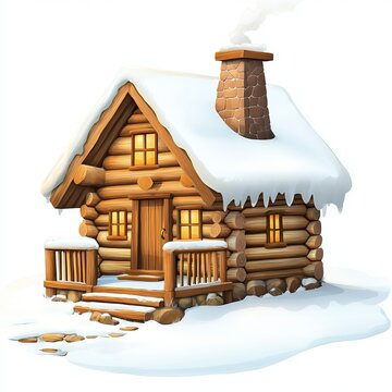 recommend clip art: Snow-covered log cabin with chimney and wooden porch on White background clipart