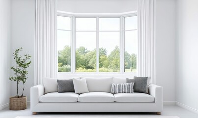 Bright living room featuring a white sofa, large window with green scenery, and potted plant.