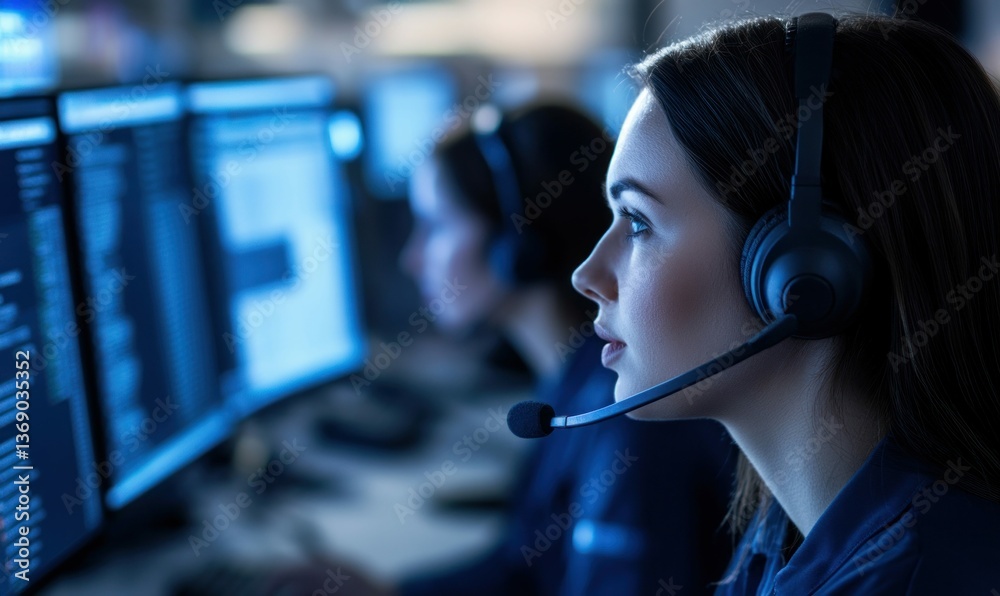 Poster a female support agent with a headset works at a busy call center with multiple computer screens.