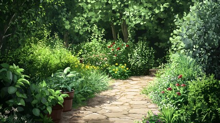 Sunlit garden path through lush greenery