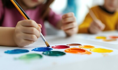 Naklejka premium A child's hand delicately paints vibrant watercolors on paper, creating a colorful piece of art.