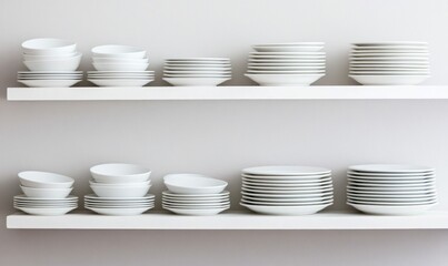 Neat rows of white plates and bowls are stacked on shelves creating a minimalist kitchen display.