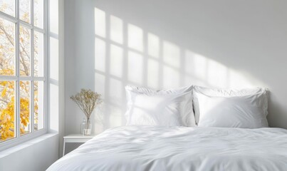 Sunlit bedroom with white bedding creates a calming and minimalist interior, offering a serene retreat.