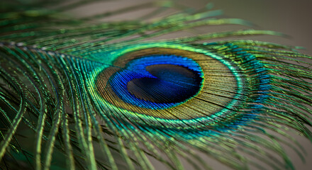 Obraz premium Detailed macro showcasing the iridescent beauty of a vibrant peacock feather