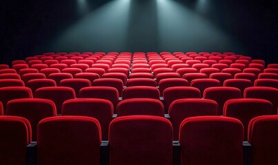 Fototapeta premium An empty theater glows with red seats under spotlights, awaiting a captivating show to begin.