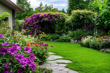 Naklejka premium Lush Garden Path with Purple Flowers and Green Lawn under Overcast Sky Scenery