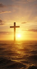 A golden dawn illuminates the cross, symbolizing the beginning of new hope and a spiritual journey
