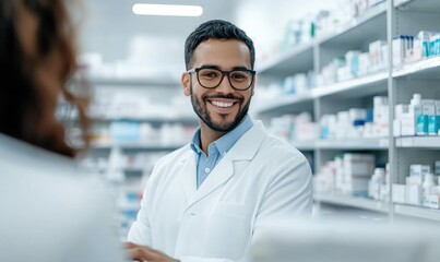Obraz premium Smiling male pharmacist in glasses stands in front of shelves stocked with medications.