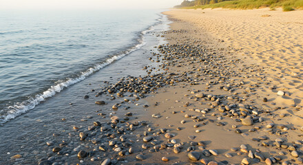Calm seaside beach with smooth stones and gentle wave movement on sand coast