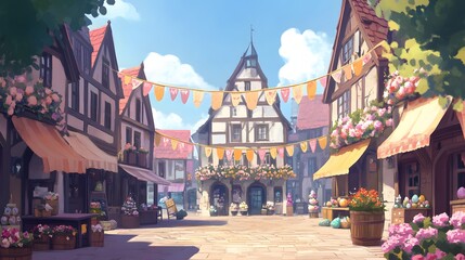 Naklejka premium Sunny medieval town square celebration