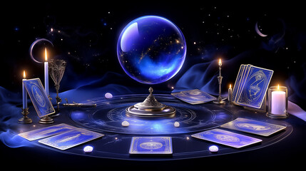 水晶とカードがある占い部屋