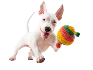 Happy puppy playing with a colorful toy in bright light, cut out