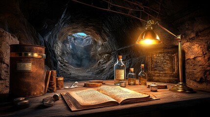Obraz premium Mysterious Alchemist's Cave: An Enigmatic Study Illuminating Ancient Secrets Within a Dark Mountain Cave