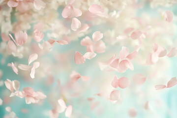 Delicate pink flower petals gently falling in soft light
