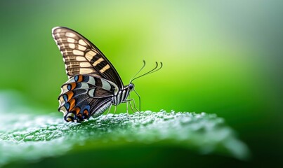 Obraz premium A butterfly with intricate wing patterns rests delicately on a lush green leaf covered in dewdrops.