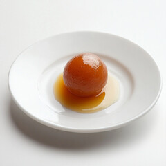 Sweet dessert ball with syrup on a white plate  