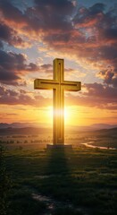A golden dawn illuminates the cross, symbolizing the beginning of new hope and a spiritual journey