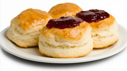 Fluffy biscuits topped with rich, red jam sit invitingly on white plate, showcasing delicious and classic treat. golden brown crust adds perfect touch