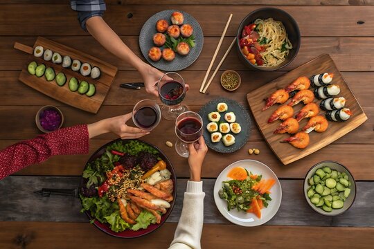 A Delicious Asian Fusion Dinner Party with Friends Enjoying Wine and Diverse Dishes - Powered by Adobe