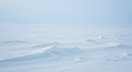 Frozen expanse: Pale blue and white icy tundra landscape under a hazy sky