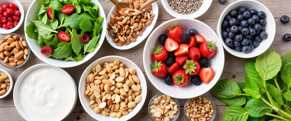 Healthy metabolism-supporting foods arranged on wooden table, wellness