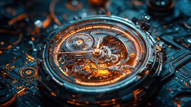 Detailed futuristic clockwork mechanism, glowing gears and circuitry