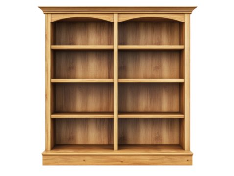 Wooden bookcase with multiple shelves for storage and display, cut out