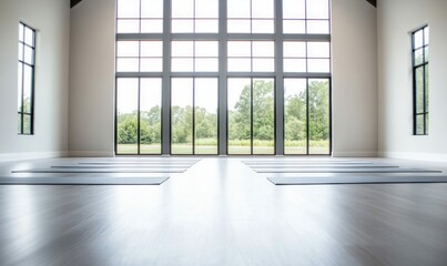 Fototapeta premium Sunlit yoga studio presents a calming scene with mats arranged for a refreshing wellness class.