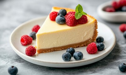 Indulge in a creamy slice of cheesecake topped with fresh raspberries, blueberries, and a sprig of mint.