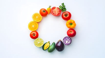 Obraz premium Rainbow-colored fruits and vegetables in a circular pattern, symbolizing vibrant health and natural diversity
