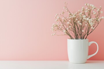 A white mug holds small white flowers against a pastel pink background