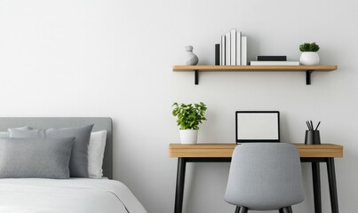 A modern bedroom showcases a minimalist workspace with a laptop beside a comfortable bed, bathed in soft light.