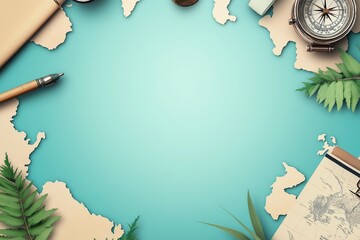 Minimalist map background with paper cutouts, leaves, and travel items